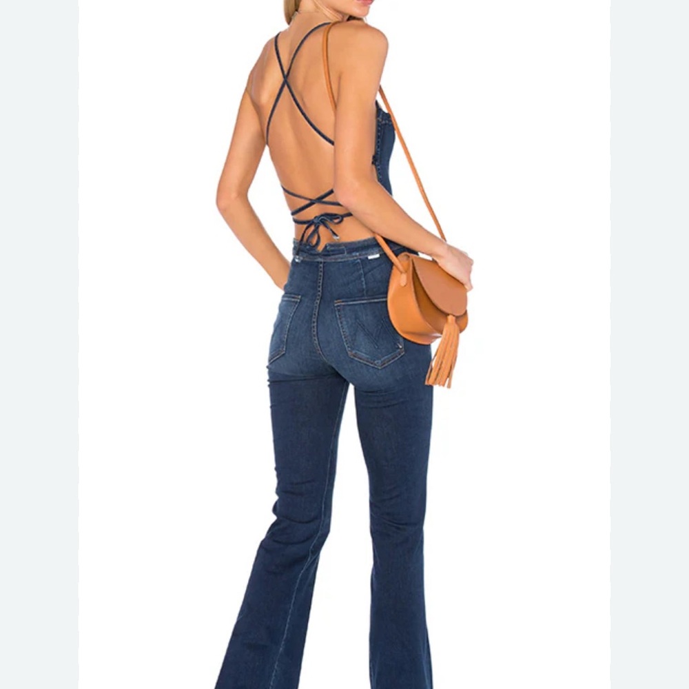 MOTHER Dark Blue Denim Overalls with Tan Crossbody Bag